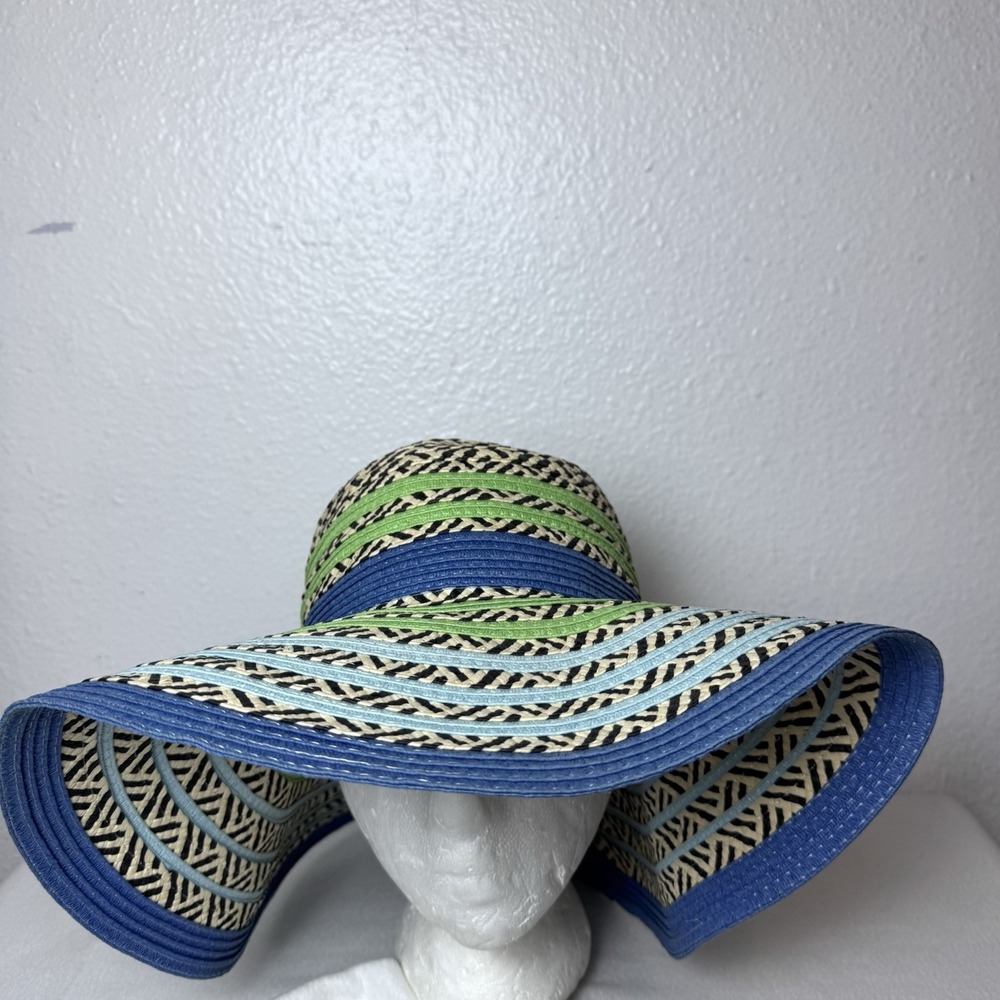Prana Wide Brim Dora Sun Hat Green Blue Paper Straw Woven Geometric Beach Summer